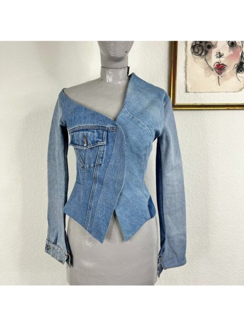 A.W.A.K.E. MODE Upcycled Denim Off Shoulder Top Jean Jacket